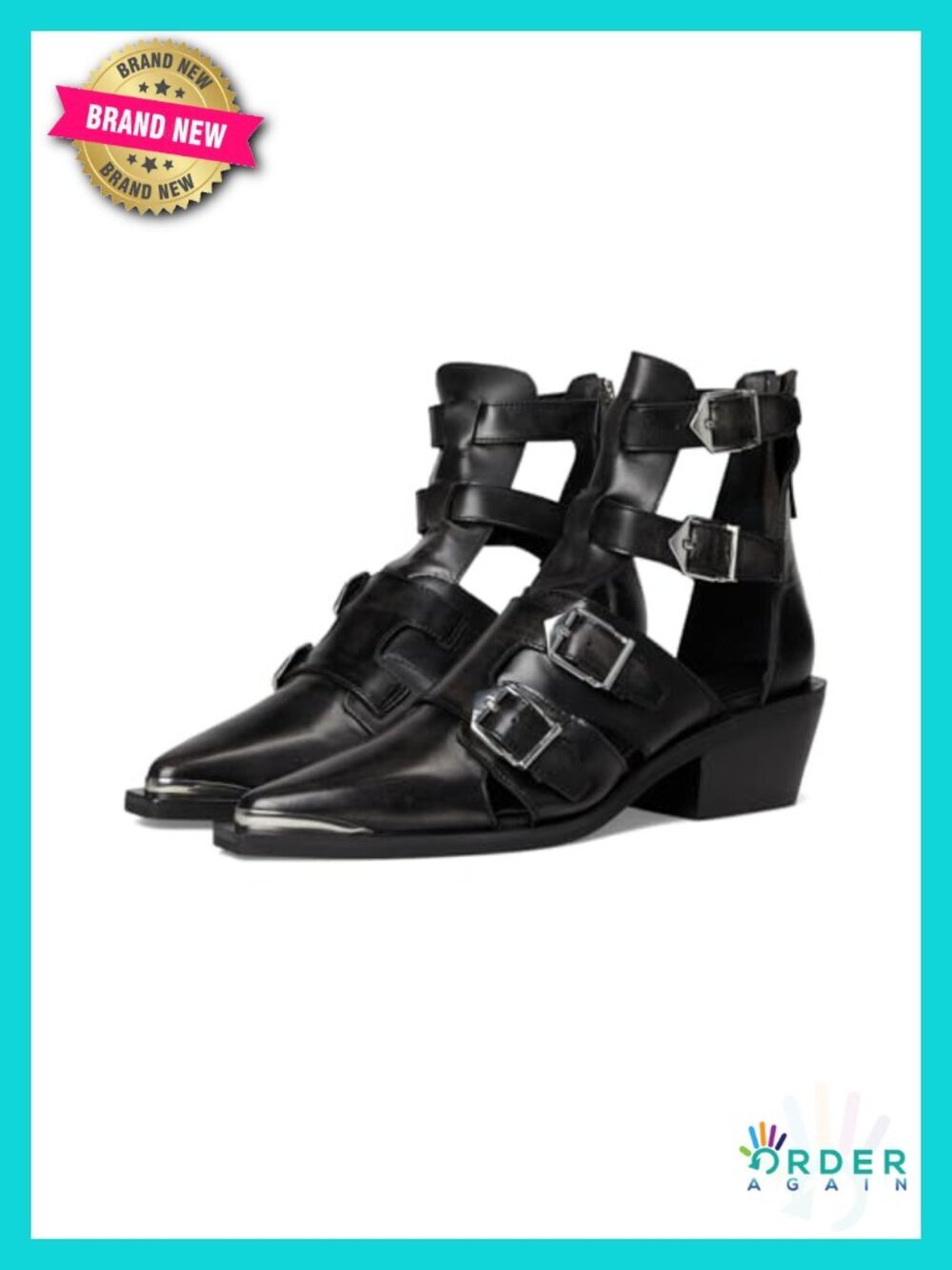 Leather Ankle Boots Cut-Out Buckle Chunky Heel Snip Toe
